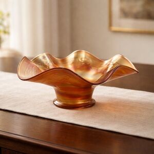 Fenton Carnival Glass ruffled bowl in the "Blackberry Spray" pattern